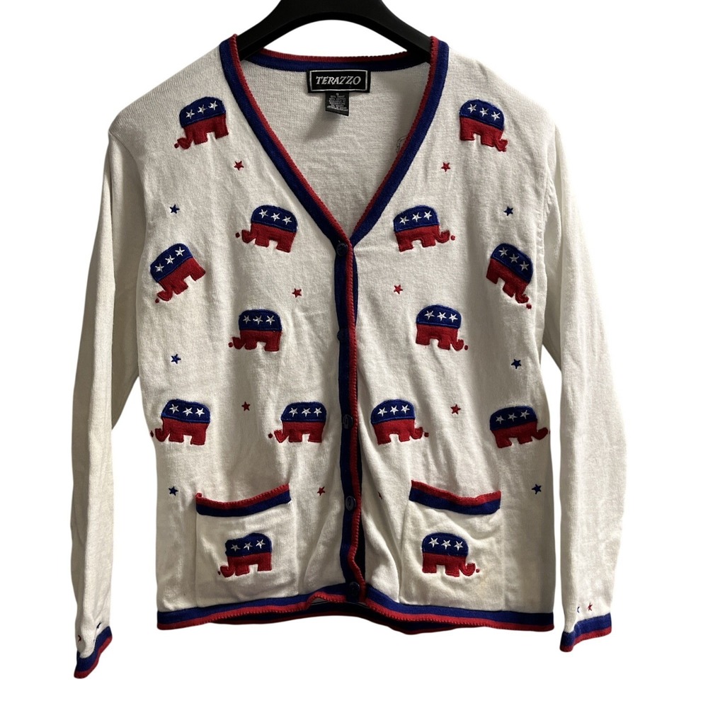 Vintage Terazzo Cardigan Sweater Women S Republican Elephant Red White Blue Vote